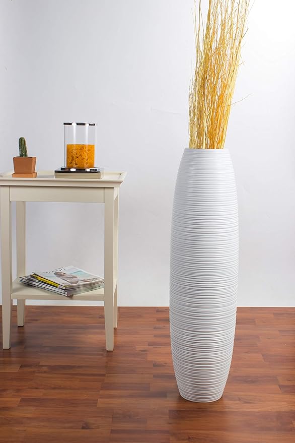 Leewadee Large White Home Decor Floor Vase – Wooden 28 inches Tall Farmhouse Decor Flower Holder for Fake Plant and Pampas Grass