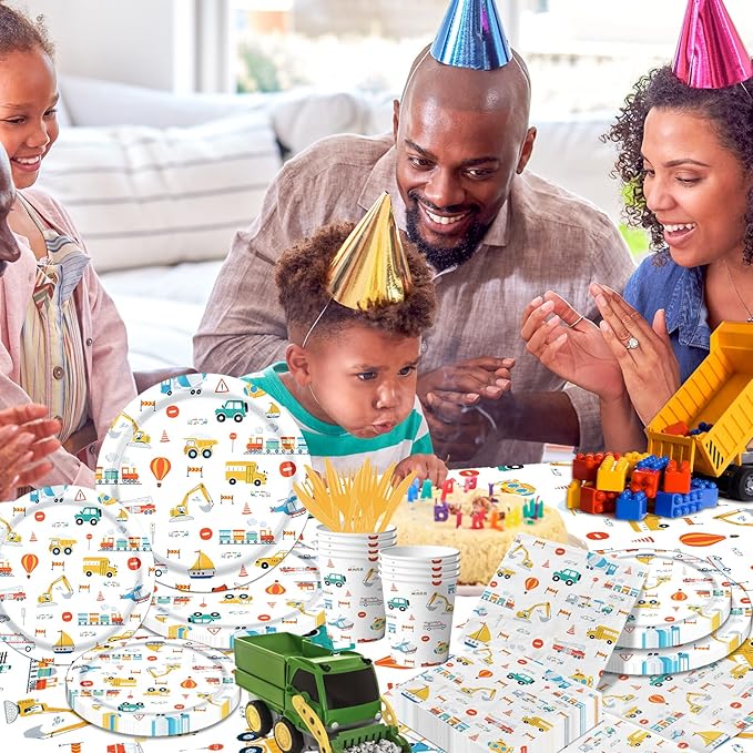 Transportation Birthday Party Supplies,142Pcs Transportation Paper Plates and Napkins Set for Table Decorations Truck Theme Party Decorations for Boy Birthday,Baby Shower Party