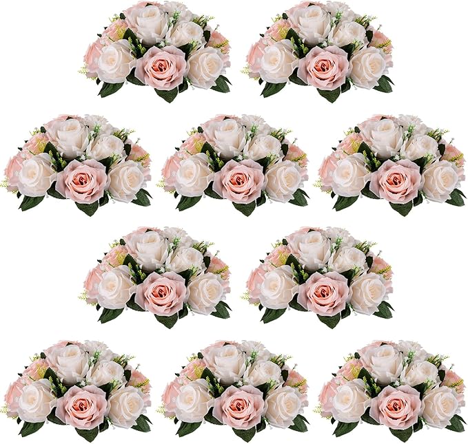 NUPTIO Flower Balls for Wedding Centrepieces - 10 Pcs 9.5in Diameter Artificial Flower Ball Arrangement Bouquet Peachy Pink & Creamy White Fake Rose Flowers Party Centerpieces for Weddings Tables