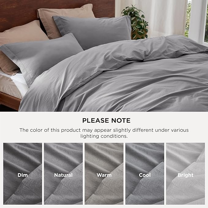 Bedsure 100% Washed Cotton Duvet Cover King Size - Gray Minimalist Cotton Duvet Cover Linen Like for All Seasons - GentleSoft™ Plain Simple Bedding, 3 Pieces (Gray, King, 104"x90")
