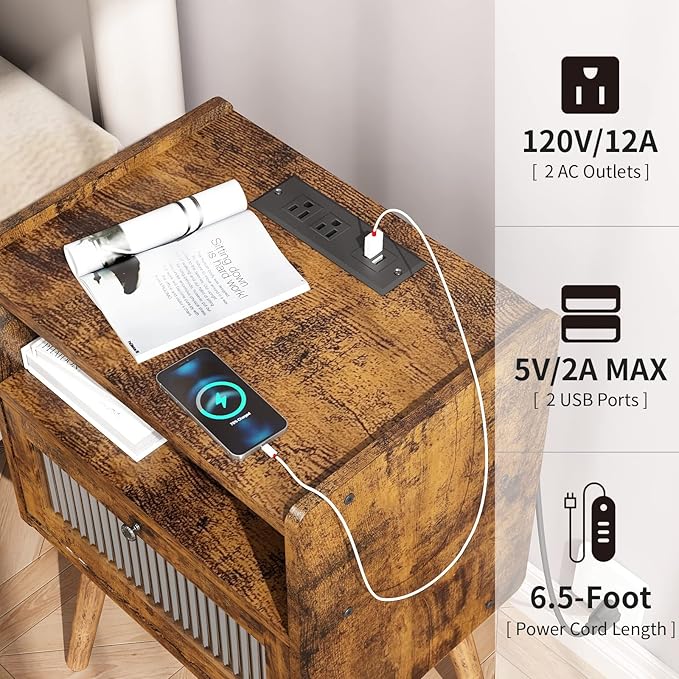 Mid Century Modern Nightstand with Charging Station, Bedside Tables with Glass Door, End Table Side Table with 2 Tiers Storage Space, for Bedroom, Living Room, Brown