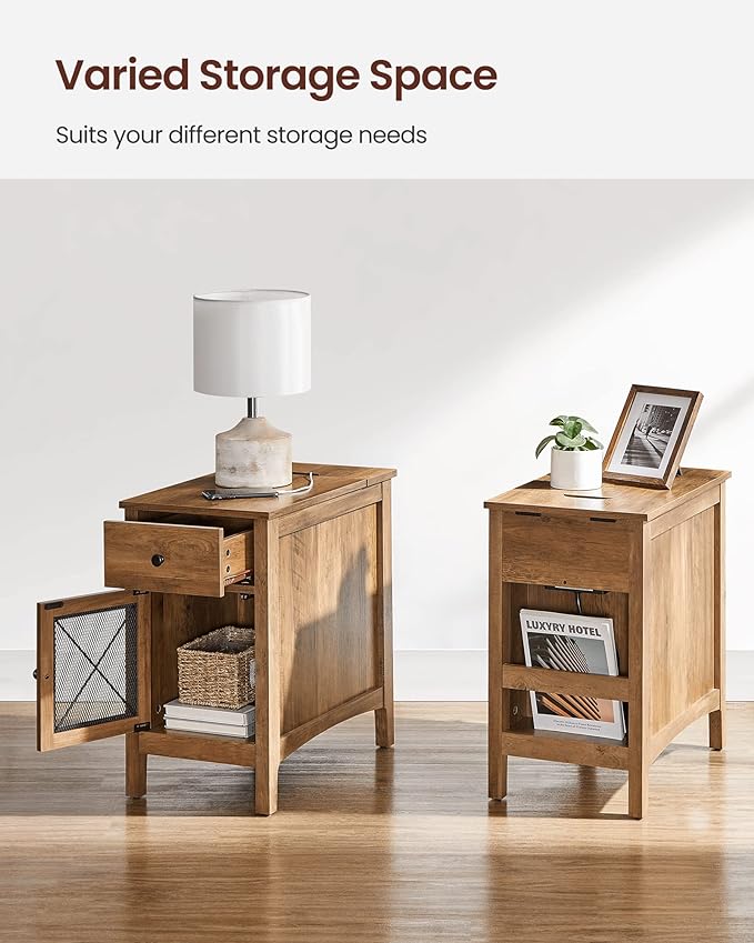 VASAGLE Side Table with Storage, End Table with USB Ports and Outlets, Nightstand with Charging Station, Drawer, Storage Cabinet, Magazine Rack, for Living Room, Bedroom, Rustic Walnut ULET312T41