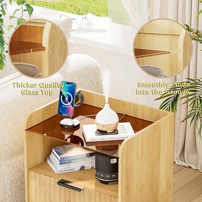 Nightstand Set of 2 with Charging Station, Mid Century Modern Night Stand, Fluted Bedside Table with Glass Top & Metal Legs, Wood End Table for Bedroom, Living Room (Natural)