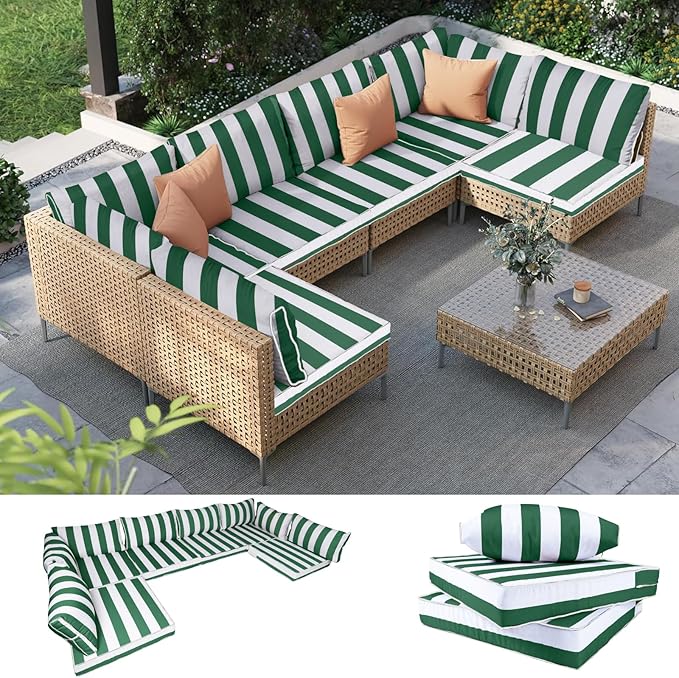 Outdoor Furniture Replacement Cushions, 14 Pcs Water-Resistant Replacement Sofa Cushion for Patio Garden Porch (Liner&Cover,Only Cushions No Sofa) (Green and White Stripes)