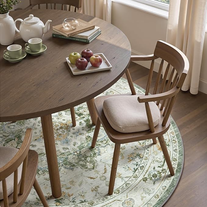 PADOOR-Vintage 6FT Round Rug-Rugs for Living Room-Soft Green Circle Rug-Machine Washable Rugs for Bedroom-Non Slip Carpet-Rug for Dining Room Living Room Bedside Office