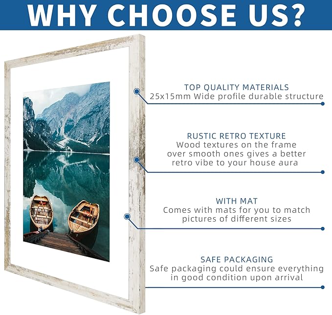 16x24 Frame Set of 2, Distressed White Wood Style - Display 16 x 24 Picture without Mat or 12x18 Picture with Mat, Wall Mounting Horizontal and Vertical