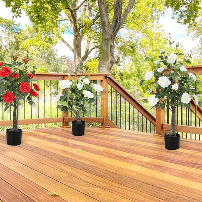 2Pack Artificial Rose Flower Trees, 24Inch White Faux Rose Tree with Green Leaves for Living Room Office Home Outdoor Indoor Decor,2FT White