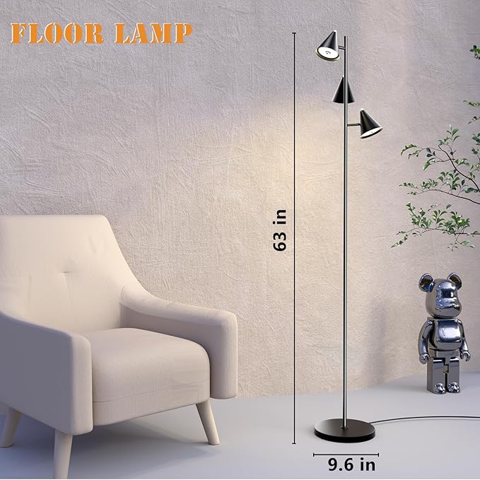 Floor Lamp 3 LED Lights with Magnetic Remote Control Tall Standing Rotatable Dimmable Lighting 5 Color Temperatures 6500K 25W 63" for Bedroom Reading Room Office