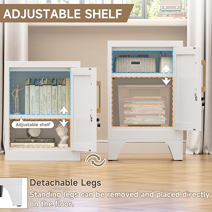 Metal NightStand Storage Cabinets with Lock and Adjustable Shelf,Metal Lockable End Table,Small Side Table,Bedside Table for Home, Office,Living Room,Garage, School(Assembly Required/White)