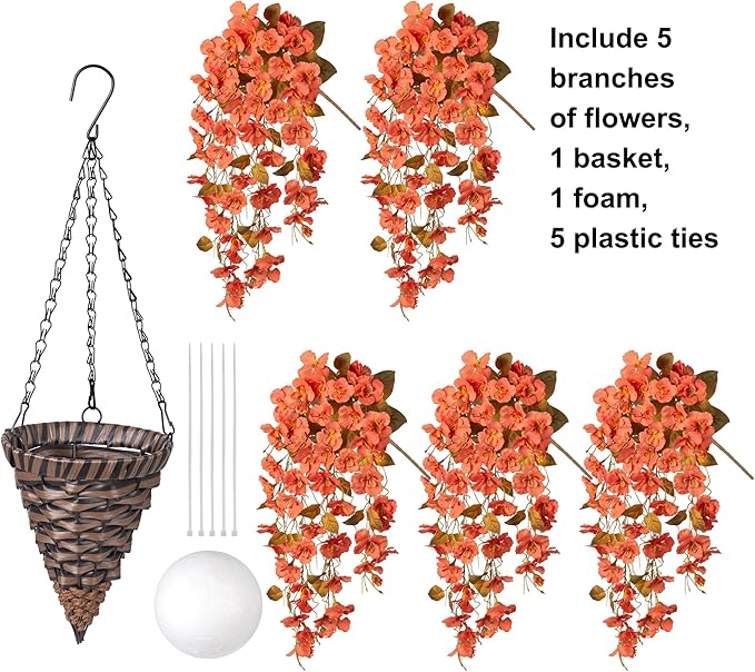 Artificial Fake Fall Hanging Flowers Plants Baskets, 5Pcs Faux Silk Hibiscus Long Vines Outdoor Plants in Planter UV Resistant Realistic Flower for Outside Home Porch Patio Garden (Fall Orange)