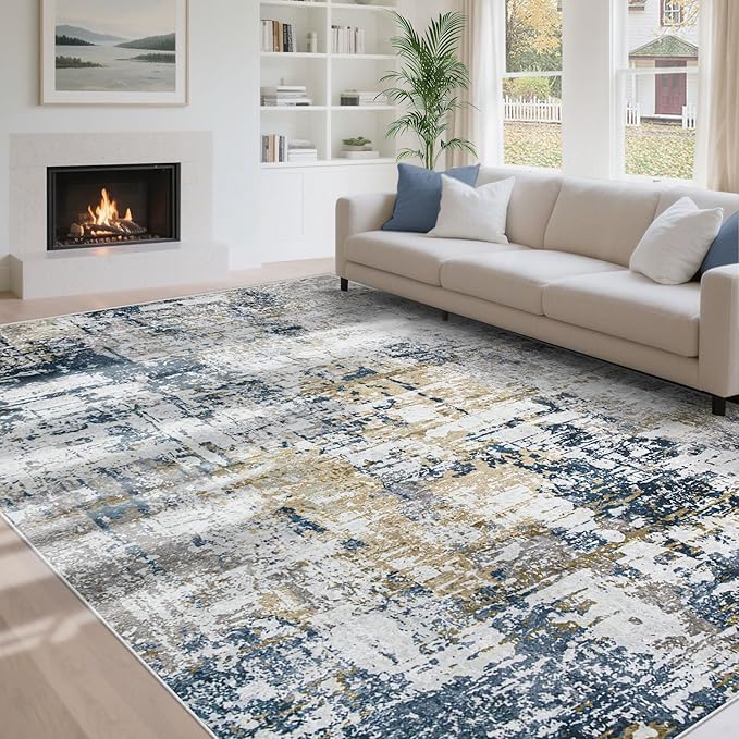 6x9 Area Rugs for Living Room: Washable Modern Abstract Rug Large Soft Non Slip Rug Indoor Low Pile Carpet for Bedroom Dining Room Home - Blue Grey Brown