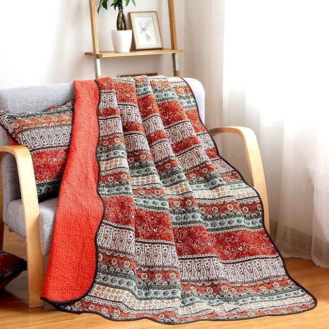 NEWLAKE Quilt Throw Blanket with Classical Floral Patchwork, Orange Jacquard, 60X78 Inch