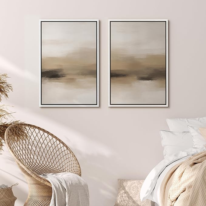 MUDECOR Framed Canvas Print Wall Art Abstract Neutral Beige Contemporary Minimalist Landscape Illustrations Modern Art Decorative Bohemian Colorful for Living Room, Bedroom, Office - 16"x24"x2 White