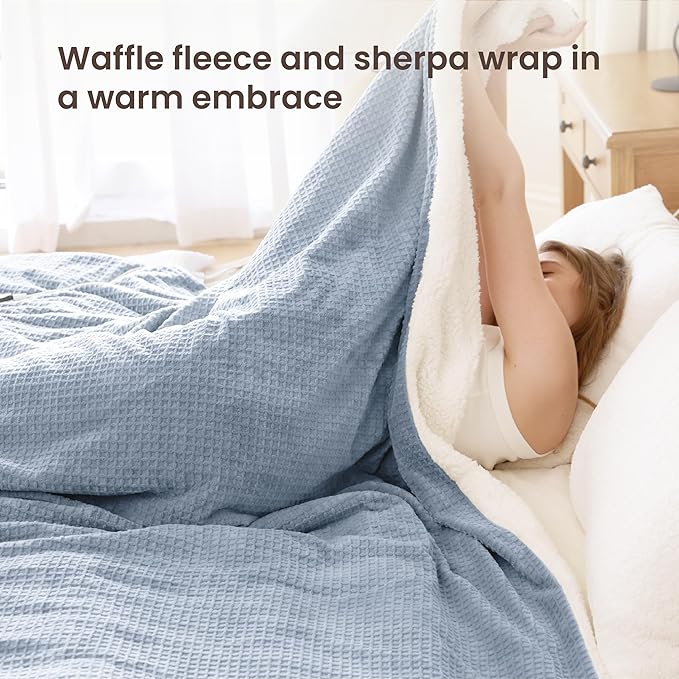 Heated Blanket Electric Blanket King Waffle, 90x100 Inches Dual Controllers Sherpa Fleece Fast Heating Blanket 6 Heating Levels & 10 Hours Auto Off ETL Certification, Haze Blue King
