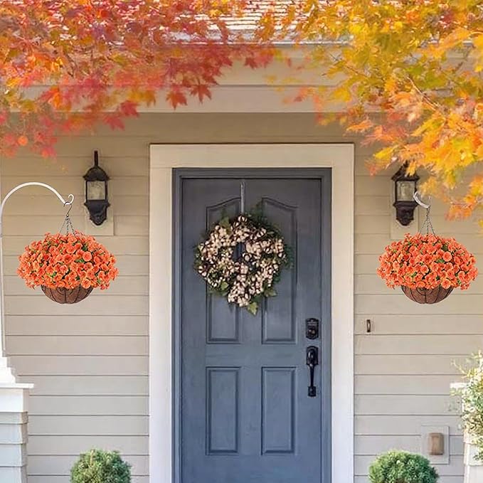 Artificial Fall Hanging Flower Plants Basket for Outdoors, Fake Flowers 12 Bundles Faux Silk Morning Glory for Planter Realistic UV Resistant Artificial Flowers for Outside Porch Garden Patio, Orange