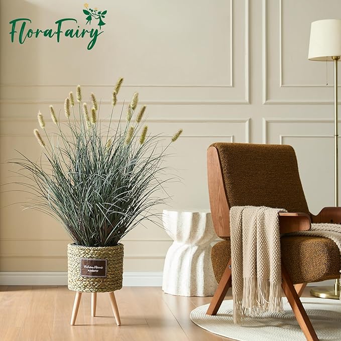 3ft Onion Grass, Artificial Plant and Greenery, Fake Floor Plants Indoor Outdoor, Potted Faux Green Bristlegrass with Yellow Spikes, Horsetail Reed Grass, House Decorative