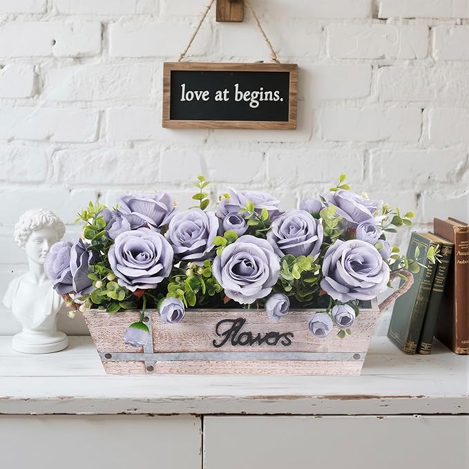 Centerpiece Table Decorations Rustic Wood Tray with 3 Artificial Dusty Blue Rose Flowers and Fake Eucalyptus for Dining Room Farmhouse Living Room Kitchen and Coffee Table Décor