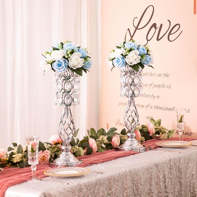 20in Wedding Centerpieces for Tables, 2pcs Silver Metal Diamond Crystal Wedding Flower Stand Centerpiece Vases for Table Decorations Reception Party Home Decor