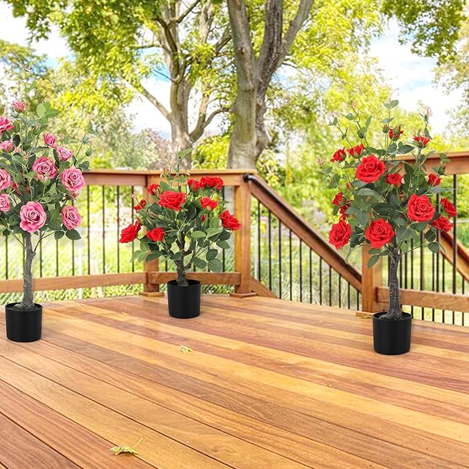 Romantic season 2Pack Artificial Rose Flower Trees, 24Inch Red Faux Rose Tree with Green Leaves for Living Room Office Home Outdoor Indoor Decor