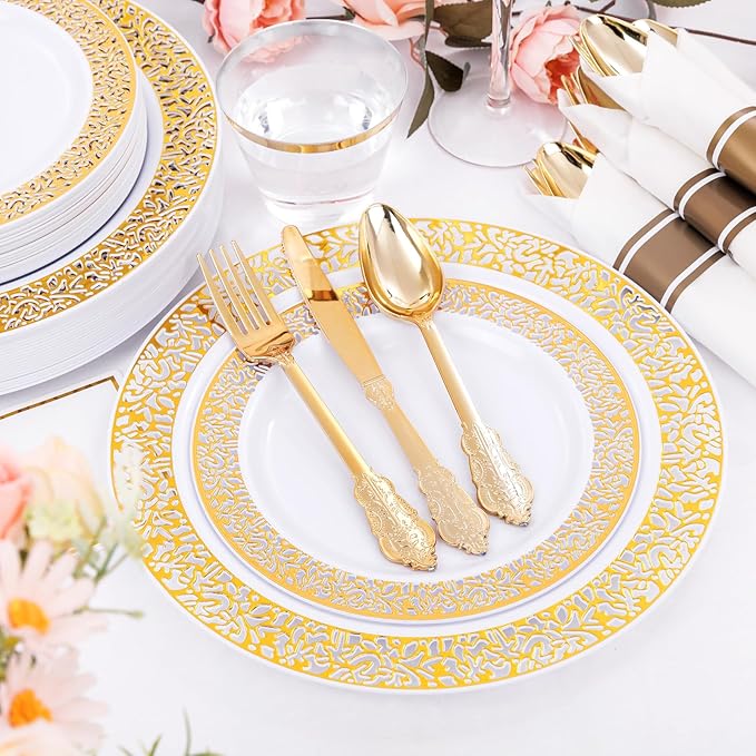 DaYammi 210 PCS Gold Plastic Plates, Gold Plastic Dinnerware Sets, Includes: 30 Dinner Plates, 30 Salad Platos, 30 Pre Rolled Napkins with silverware,30 Cups 9 OZ, Perfect for Party