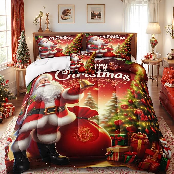 Bedorm Red Christmas Bedding Comforter Santa Claus Comforter Set Green Red Christmas Tree Holiday Decor Boys Girls Cute Xmas Quilt Comforter Set King Size