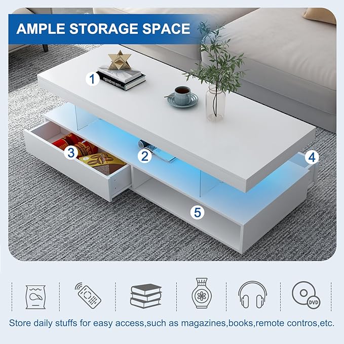 LED Coffee Table with Storage, High Glossy LED Coffee Tables for Living Room, Center Table with Open Display Shelf & Sliding Drawers, (White)