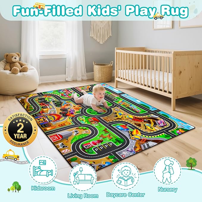 Kids Rug, 4x6 Ft Non-Slip Monster Truck Play Rug, Extra Thick (0.4in), Educational LearningTraffic Road Car Carpet for Nursery, Classroom, Playroom & Bedroom