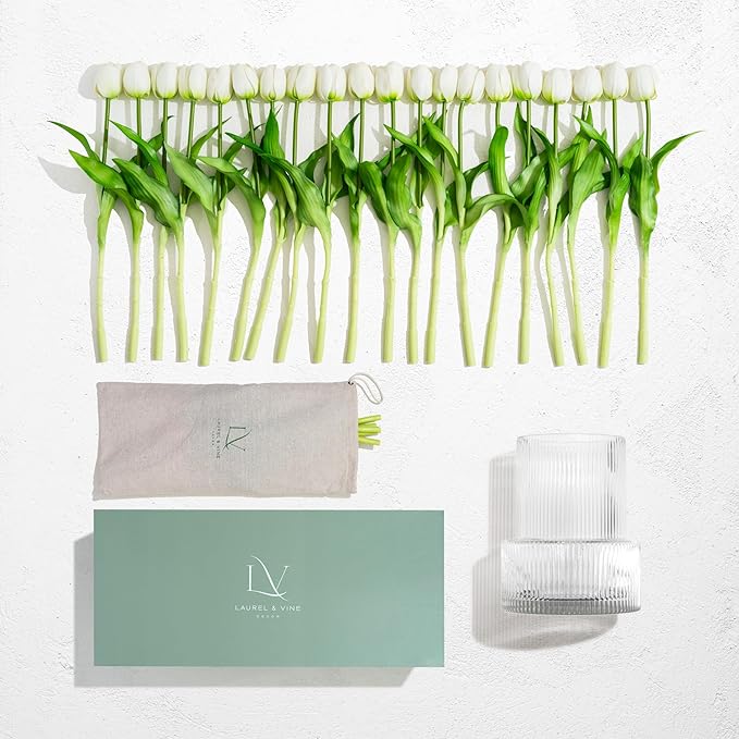 Tulip and Vase Ribbed Glass with 20 White Tulips Artificial Flowers Gift Set Fluted Clear Flower Short Vase and Fake Tulips Look Real Entryway Living Room Table Office Shelf Decor Faux High End Gift