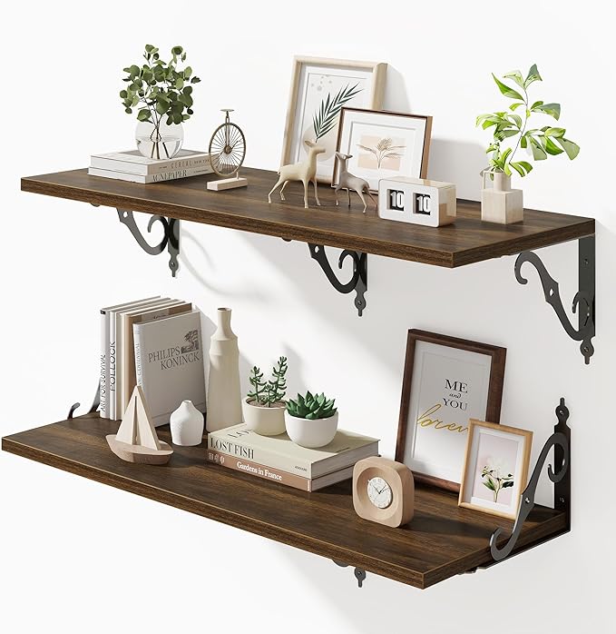 Deep Floating Shelves for Wall, 32"W x 8"D Wall Shelves, 12 Inch Deep Floating Shelf with Bracket, 32 Inch Floating shelves Set of 2, Rustic Shelves for Living Room, Bathroom and Kitchen, Walnut