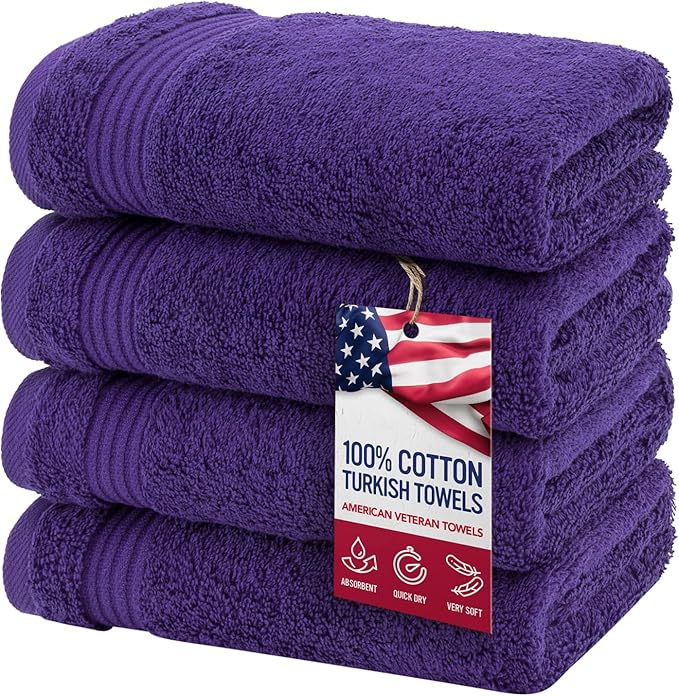 American Veteran Towel, Hand Towels for Bathroom Set of 4, 100% Cotton Turkish Hand Towel Sets Clearance Prime, Soft Drying Hand Face Towels, Purple Hand Towels