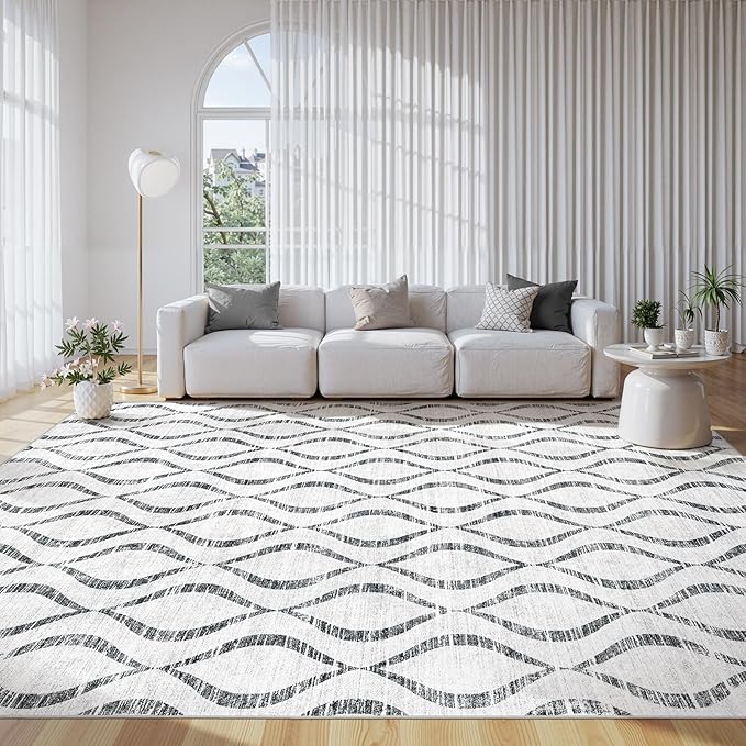 WITSHOCK 9x12 Area Rugs: Washable Non-Slip Geometric Boho Print Pattern Large Thin Indoor Rug for Living Room Bedroom Under Dining Table, Carpet for Nursery Playroom Decor, Kid & Pet Friendly, Grey
