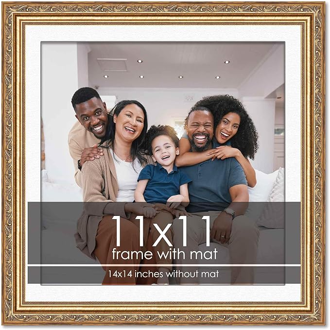 11x11 Frame with Mat - Antique Gold 14x14 Frame Wood Made to Display Print or Poster Measuring 11 x 11 Inches with White Photo Mat