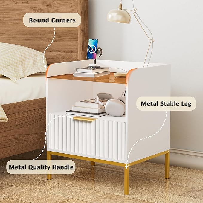 Fluted Nightstand with Charging Station and Glass Top, Modern Bedside Table with Metal Legs, Wood End Table for Bedroom, Living Room (White)