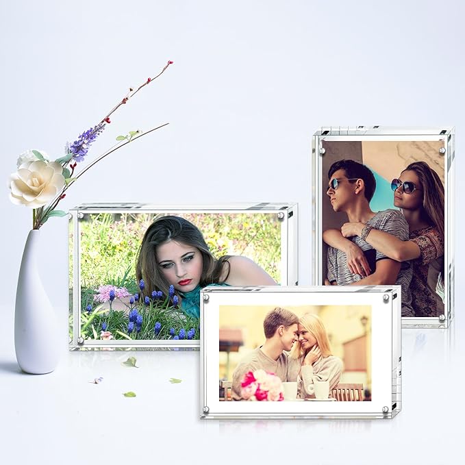 AMEITECH Acrylic Picture Frames, 4x6 inch Clear Double Sided Block Set, Desktop Frameless Magnetic Photo Frame