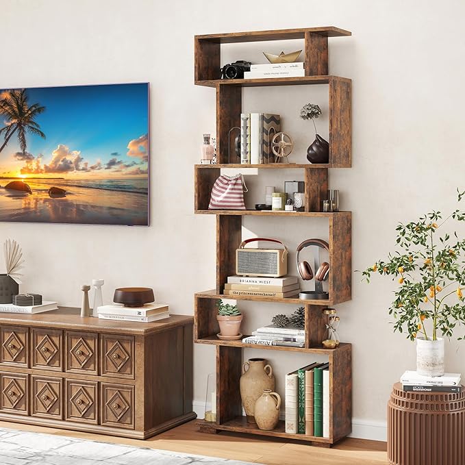 Tangkula 6-Tier S-Shaped Bookshelf, 64" Freestanding Geometric Bookcase, Home Office Wood Storage Shelf with Anti-Toppling Device, Room Divider Display Rack for Study, Living Room (2, Rustic Brown)