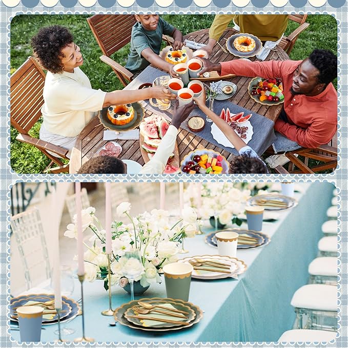 338 Pcs Blue and Sage Green Plates and Napkins Party Supplies for Guests Dusty Blue Tableware Include Scalloped Plates Paper Napkin Cup Spoon Fork Knife for Baby Shower, Wedding, Birthday