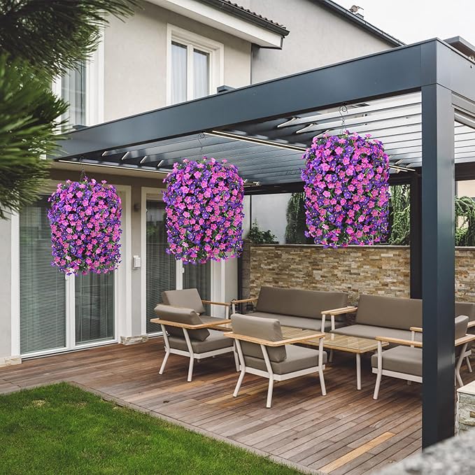 Artificial Faux Fall Hanging Flowers Plants Baskets for Outdoor Outside, Fake Silk Dark Purple Fuchsia Orchid Trailing Vines in Planter Realistic UV Resistant for Balcony Porch Decor