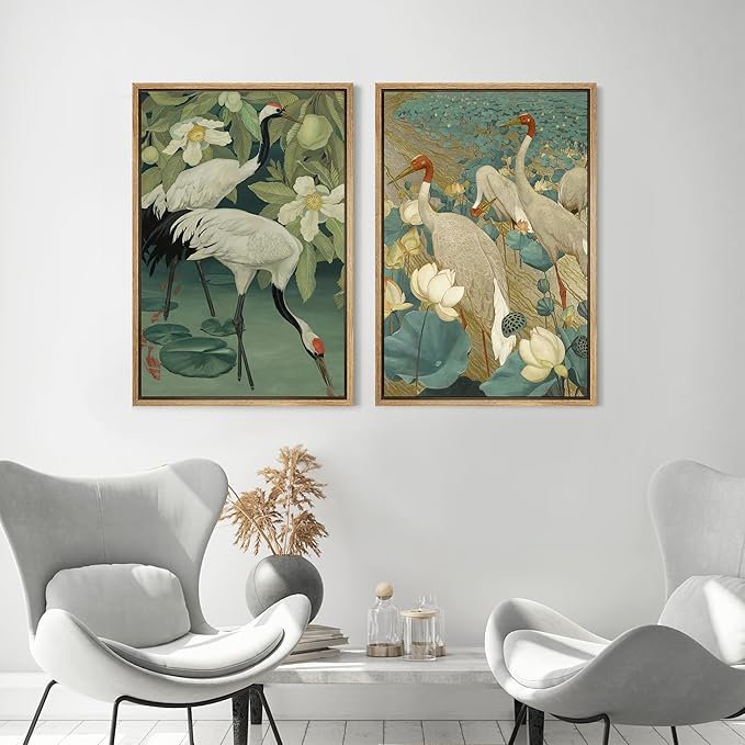 MUDECOR Framed Canvas Print Wall Art Elegant Cranes Among Lotus Flowers Nature Illustrations Modern Art Decorative Multicolor Minimalism for Bedroom - 16"x24"x2 Natural