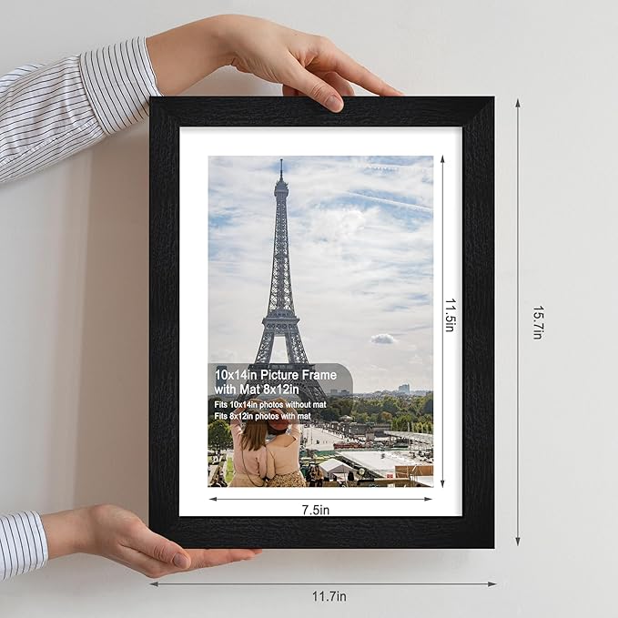 10x14 Picture Frame Set of 2, Made of Glass and Rustic Black Wooden Frame, Display 8x12 Pictures with Mat or 30 x 40cm Diamond Painting Art without Mat for Wall Mounting, Gallery Photo Frames