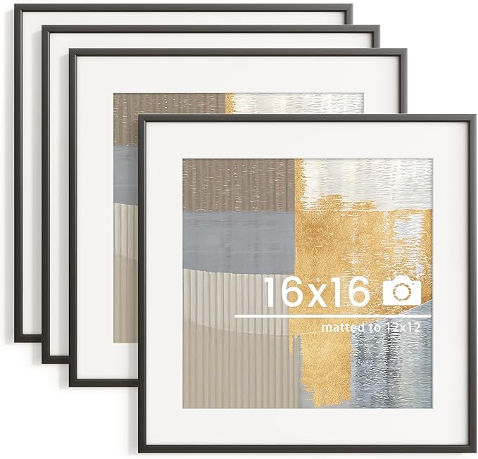 16x16 inch Metal Picture Frame - Thin Aluminum Square Photo Frames with 12x12 Removable Mat - High Definition Plexiglass - Vertical and Horizontal Display - Wall Hook Hanging Hardware Included - Black, Set of 4