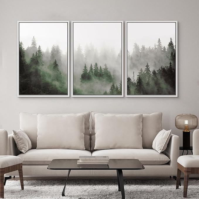 SIGNWIN Framed Canvas Print Wall Art Woodland Nursery Decor Set Fog & Mist Over Green Pine Tree Forest Nature Wilderness Modern Art Chic Landscape for Living Room, Bedroom, Office - 16"x24"x3 White