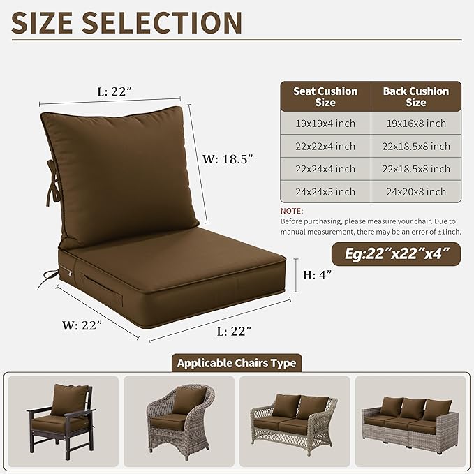 Premium Outdoor Seat Cushion Chair Cushions for Patio Furniture 22 L X 22 W X 4 H Waterproof & Fade Resistant Deep Seat and Backrest Cushion Set with Removable Covers for Chair, Sofa
