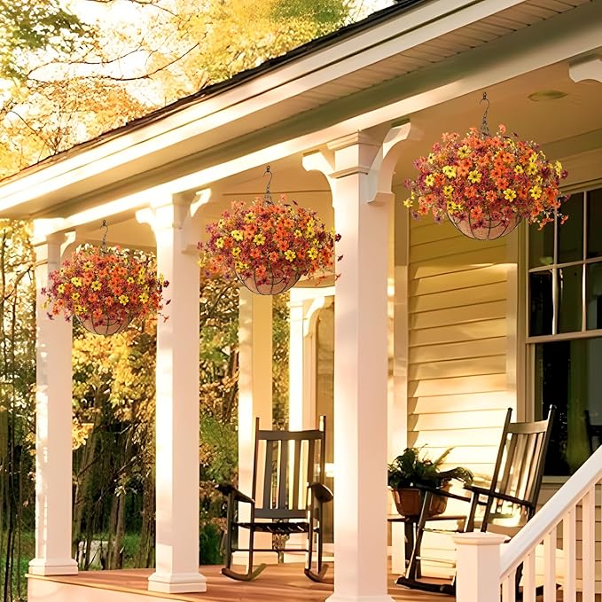 Artificial Flowers Fall Hanging Basket Plants for Outdoor Decorations, Fake Mums Faux Silk Flower UV Resistant Autumn Decor for Outside Garden Patio Front Porch Balcony Window (Orange Brown Yellow)