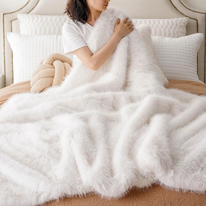 BATTILO HOME Luxury White Fluffy Faux Fur Throw Blanket, Large Fur Blankets and Throws for Couch, Bed, Super Soft Cozy Warm Plush Fuzzy Fur Throws with Long Pile, 60"x80" (Ivory)