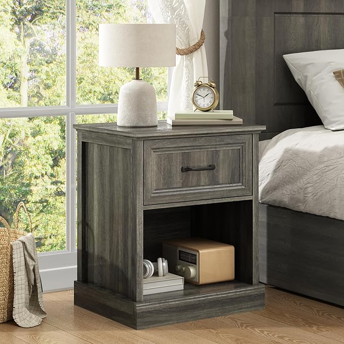 CARPETNAL 20" Farmhouse Nightstand, End Table with Large Drawers & Open Storage, Side Table, Bedside Cabinet for Bedroom, Living Room, Grey