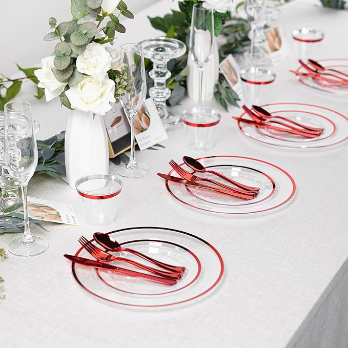 N9R 600PCS Red Disposable Plates, Heavy Duty Plastic Dinnerware Set for 100 Guests Includes 100 Dinner & Dessert Plates, Cups, Spoons, Forks, and Knives, Perfect for Parties, Weddings,and Daily Use