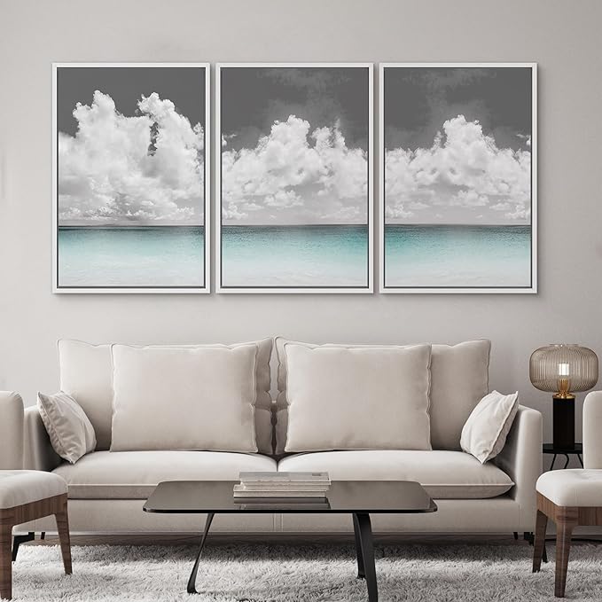 SIGNWIN 3 Piece Framed Canvas Wall Art Clouds Above The Blue Ocean Nature Wilderness Illustrations Abstract Traditional Relax/Calm Home Artwork Decoration for Living Room,Bedroom - 16"x24"x3 White