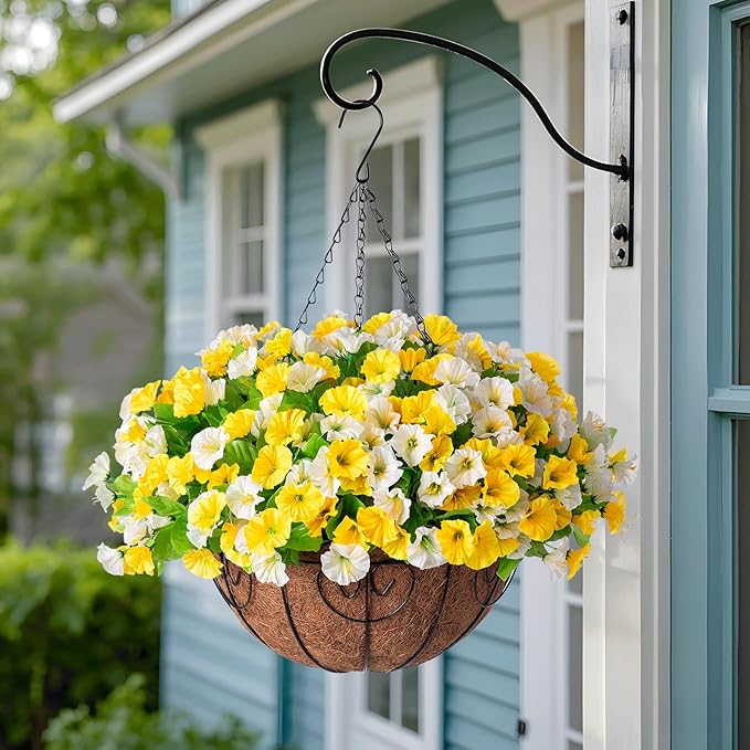 Artificial Hanging Flowers with Basket, Faux Silk Petunias Flower Arrangement, Coconut Lining with Morning Glories Fake Plants Patio Garden Porch Deck Fall Decor(Yellow and White)