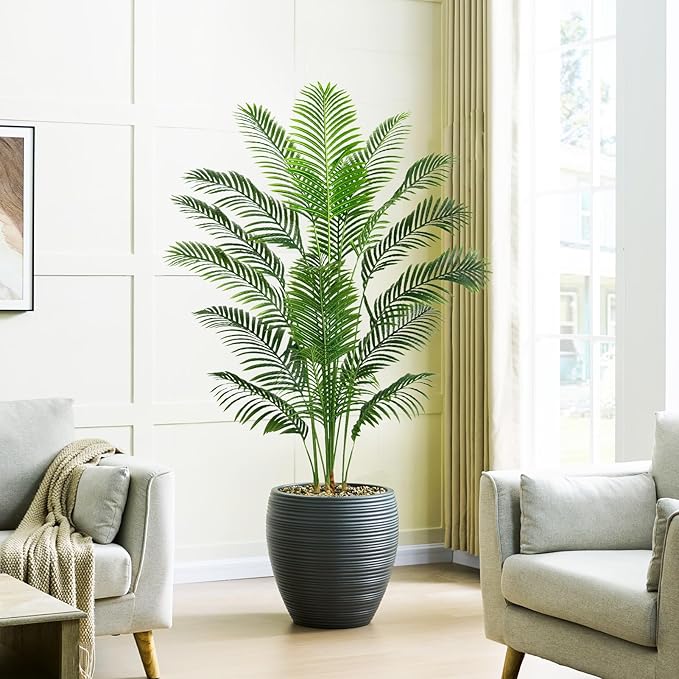 Artificial Palm Tree Artificia Plants Indoor Fake Trees Tropical Fake Plam Tree Floor Plant in Pot with Trunks & Real Bark Design Faux Palm Plant for Outdoor Home Room Decor (Black, 7FT)