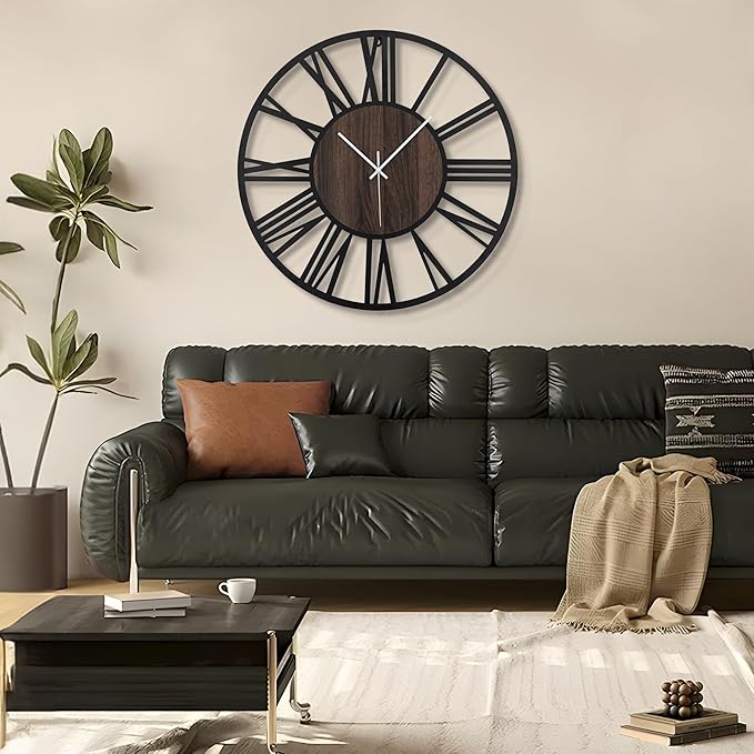 LEIKE Large Wall Clocks,Silent,Non Ticking,Battery Operated Big Retro Round Modern Wood Wall Clock for Living Room, Bedroom,Dinning Room,Farmhouse,Office,Home Decor-20 Inch(Black-Roman Numerals)